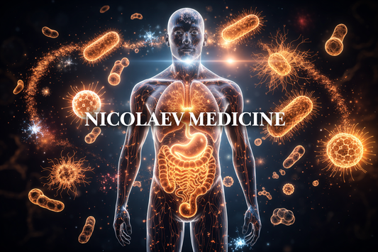 Banner showing a human body silhouette with glowing bacteria and microbiome ecosystem inside the digestive system, symbolizing health beginning in the gut. Nicolaev Medicine