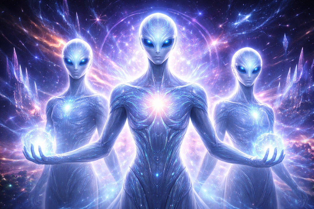 Cinematic depiction of luminous Arcturian beings with ethereal forms, advanced technology, and radiant energy overseeing Earth from a cosmic vantage point.