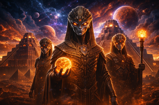 Cinematic depiction of Anunnaki figures towering over ancient Sumerian cities under a cosmic sky, with advanced alien technology subtly integrated.