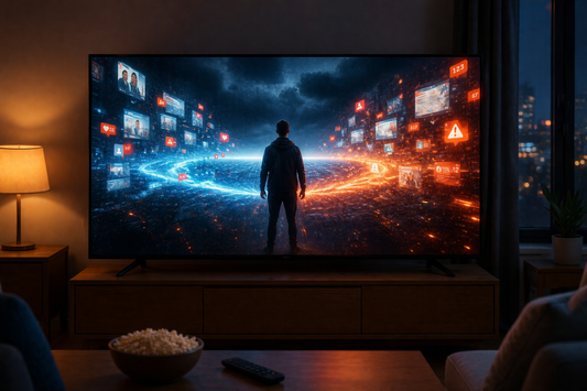 Cinematic image of a person standing surrounded by glowing digital screens and notifications symbolizing the battle for human attention.