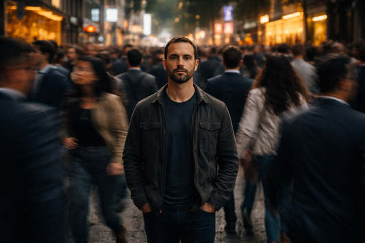Cinematic image of a calm person standing still while a chaotic crowd moves quickly around them, symbolizing emotional control and awareness.