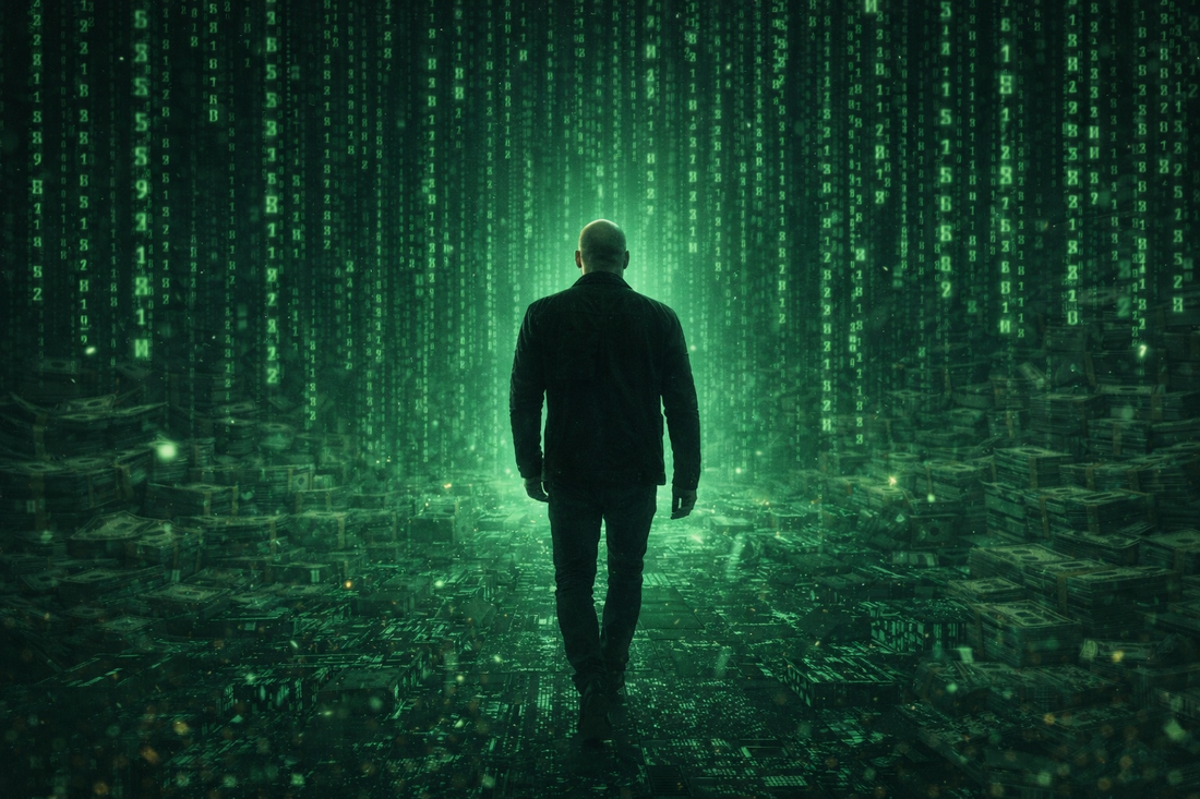 Cinematic image of a man walking alone through a dark digital matrix landscape symbolizing escape from distraction and control.