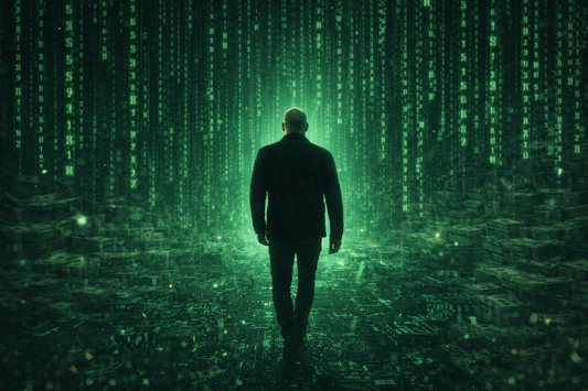 Cinematic image of a man walking alone through a dark digital matrix landscape symbolizing escape from distraction and control.