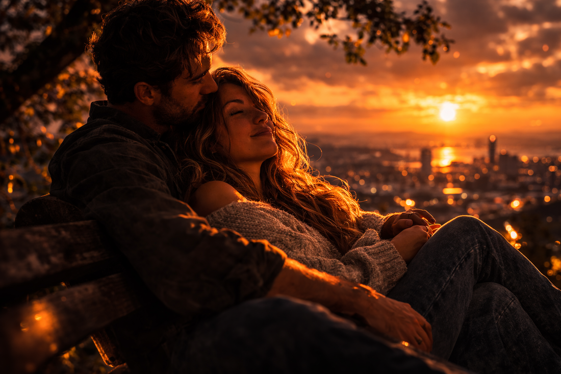 Banner showing a couple walking closely together in a park at sunset, representing emotional connection and relationship harmony.
