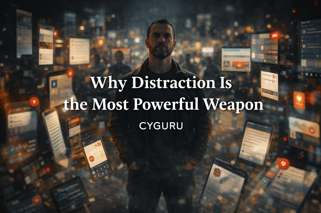 Cinematic image of a person surrounded by glowing screens and notifications symbolizing mental distraction and loss of focus.