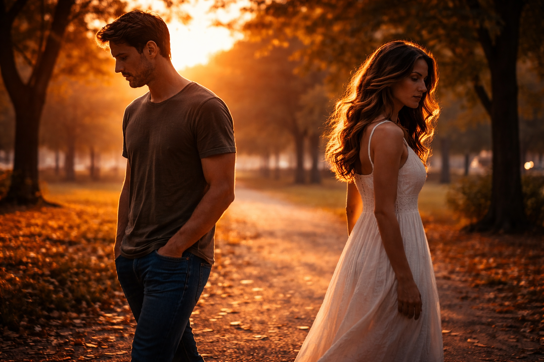 Banner showing a man and woman walking in opposite directions at sunset in a park, symbolizing separation and emotional transformation.