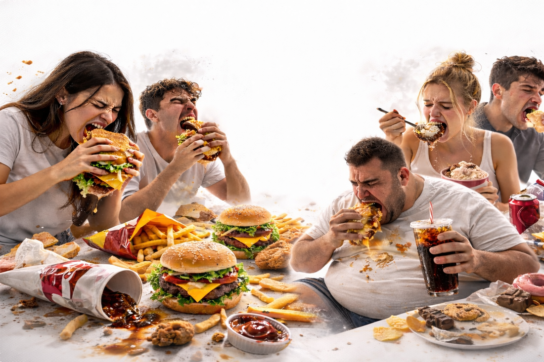 Cinematic banner showing a person surrounded by excessive junk food while the body appears overwhelmed and fatigued.
