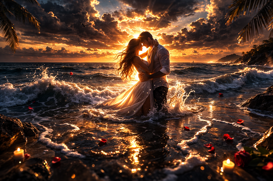 Cinematic image of a couple standing close together at sunset with glowing light surrounding them symbolizing emotional connection and energetic love.