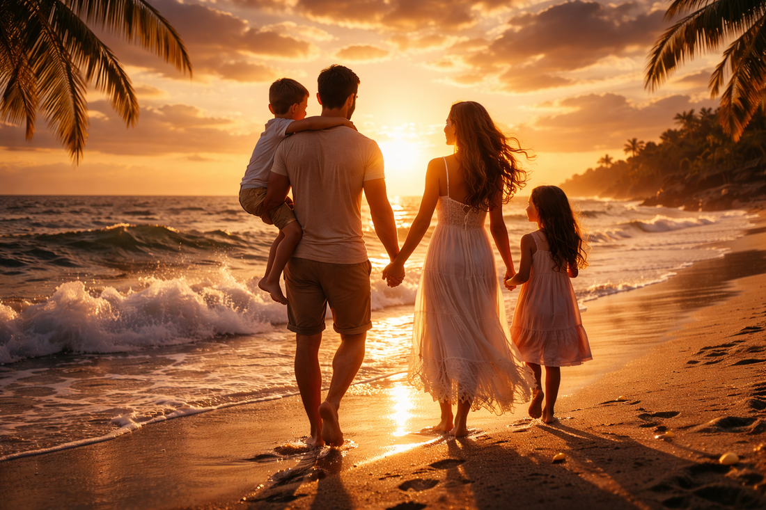 Cinematic image of a family walking together at sunset symbolizing unity, strength, and generational connection.
