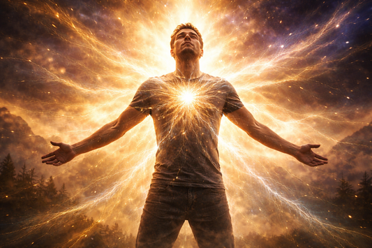 Banner showing a person standing in radiant light with subtle energy waves around the body, symbolizing spiritual awakening and divine frequency.