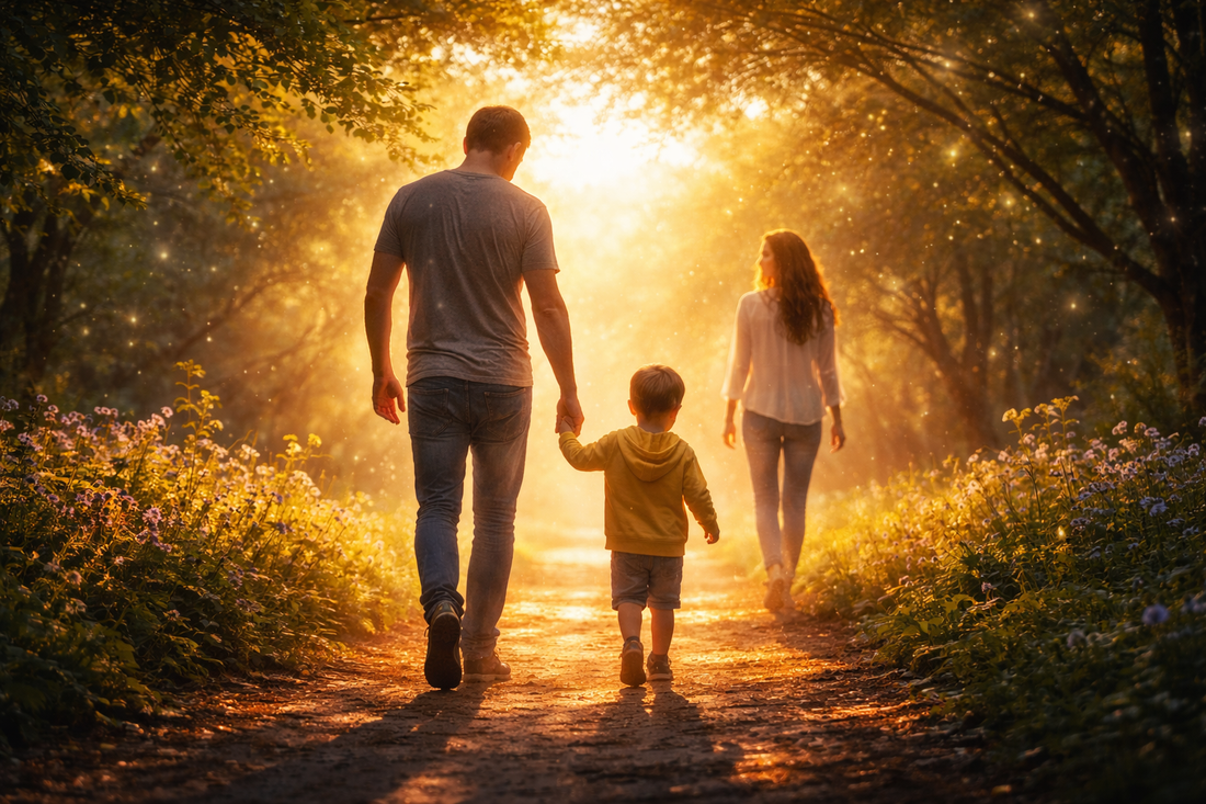 Cinematic banner showing a parent walking with a child through a warm glowing landscape symbolizing guidance, protection, and energetic influence.