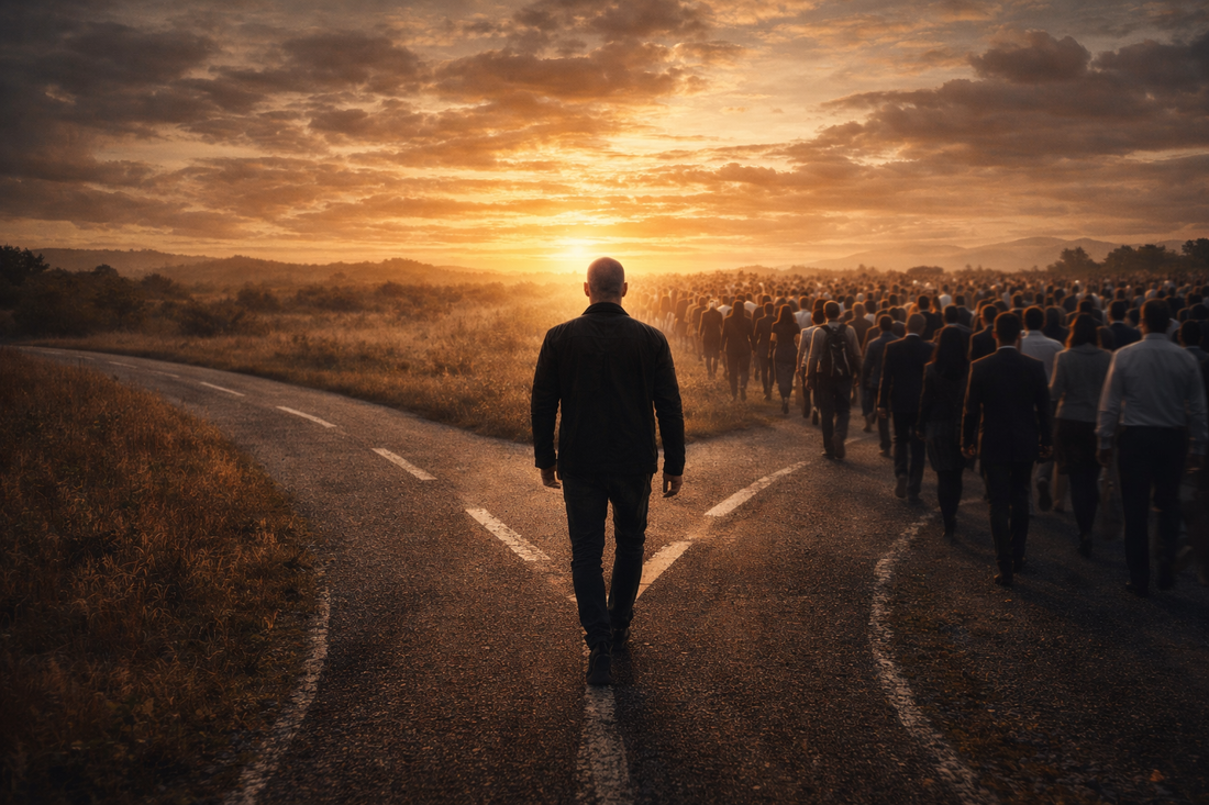 Cinematic image of a person standing at a crossroads road during sunset, symbolizing choosing direction and shaping destiny.