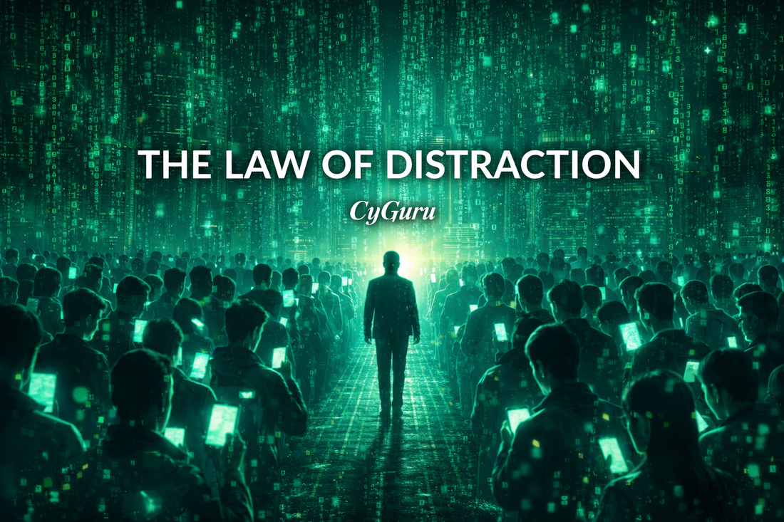 Cinematic banner showing a person surrounded by glowing screens and digital noise while trying to focus in a dark environment. CyGuru