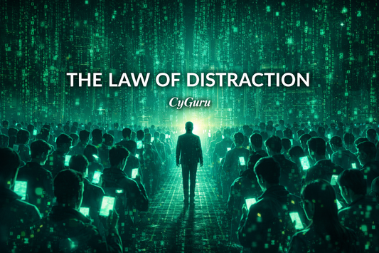 Cinematic banner showing a person surrounded by glowing screens and digital noise while trying to focus in a dark environment. CyGuru