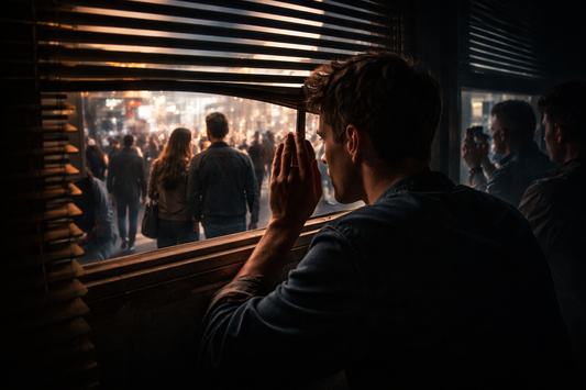 Cinematic image of a person standing in a crowd walking in the same direction while he stands still looking in another direction.