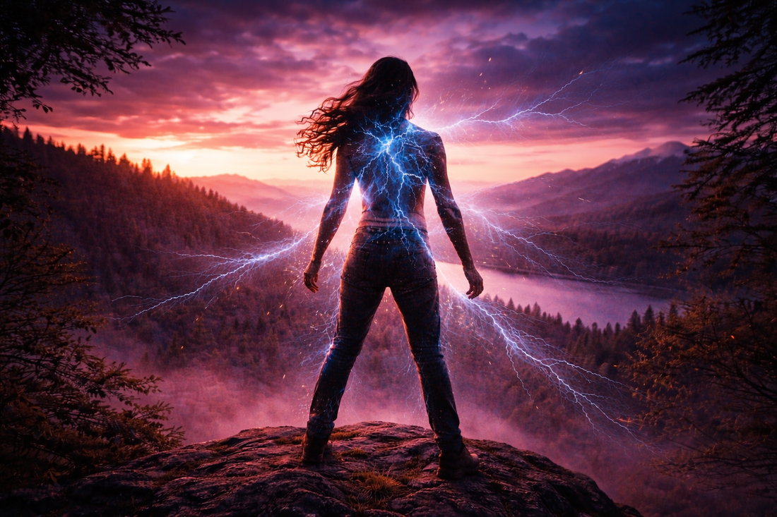 Banner showing a person standing calmly on a mountain at sunrise, symbolizing inner balance, resilience, and control of the nervous system.