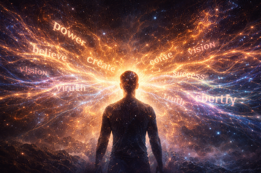 Banner showing glowing words forming energy waves around a human silhouette, symbolizing how language programs the mind, with the title “Words Program Reality” and the CyGuru signature beneath the text.