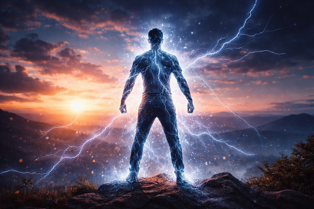 Banner showing a person standing quietly in nature at sunrise, symbolizing recovery, calm, and energy restoration. by CyGuru