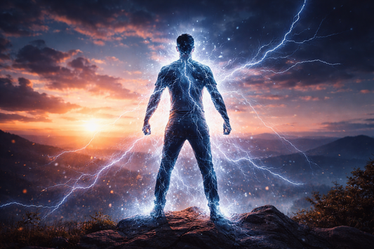 Banner showing a person standing quietly in nature at sunrise, symbolizing recovery, calm, and energy restoration. by CyGuru