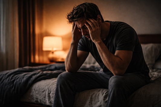 Banner showing a tired person sitting alone in a dimly lit room at night, symbolizing exhaustion and mental fatigue.