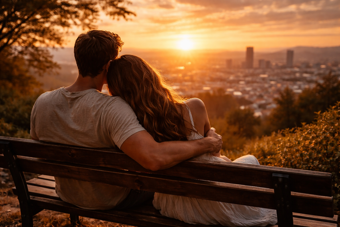Banner showing a couple sitting together at sunset overlooking a city, symbolizing romantic connection and emotional attraction.