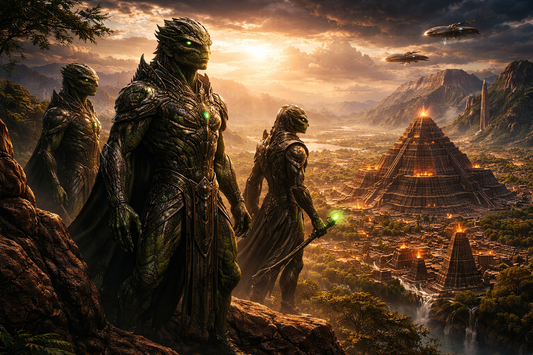 Cinematic depiction of tall reptilian humanoids observing Earth from above, scales gleaming in alien light, mysterious and powerful.