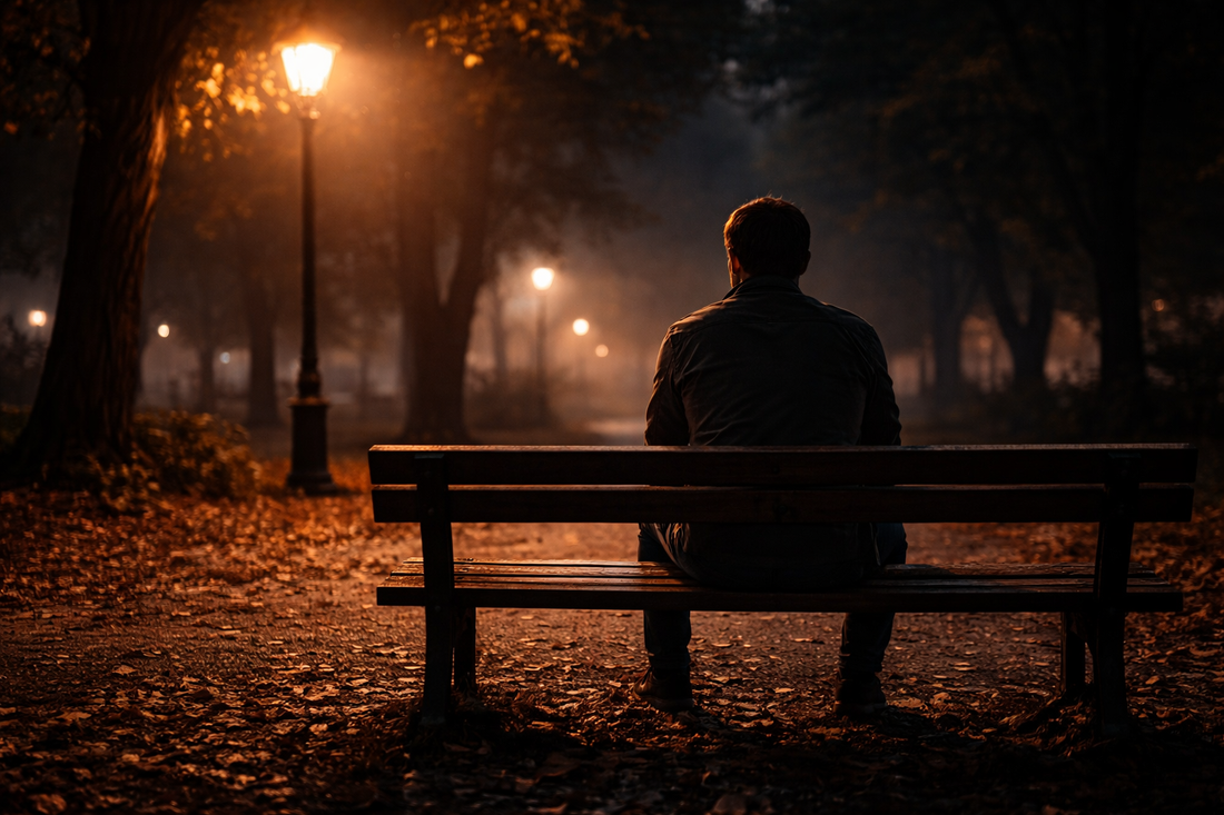 Banner showing a person sitting alone on a bench in a quiet park at dusk, symbolizing reflection, silence, and emotional depth.