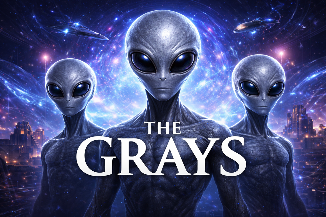 Cinematic depiction of gray aliens with large black eyes, slender bodies, and mysterious aura, observing Earth from a distance under a cosmic sky.