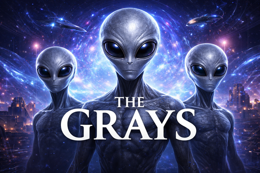 Cinematic depiction of gray aliens with large black eyes, slender bodies, and mysterious aura, observing Earth from a distance under a cosmic sky.