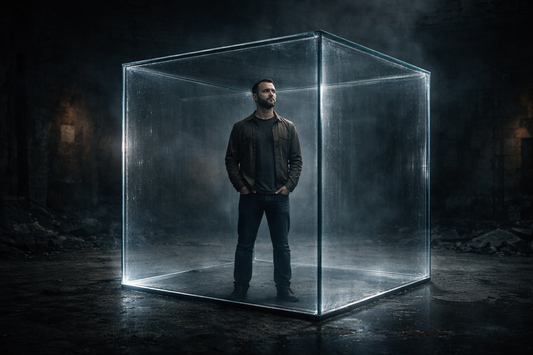 Cinematic image of a person standing inside an invisible glass cube in a dark environment symbolizing psychological imprisonment.