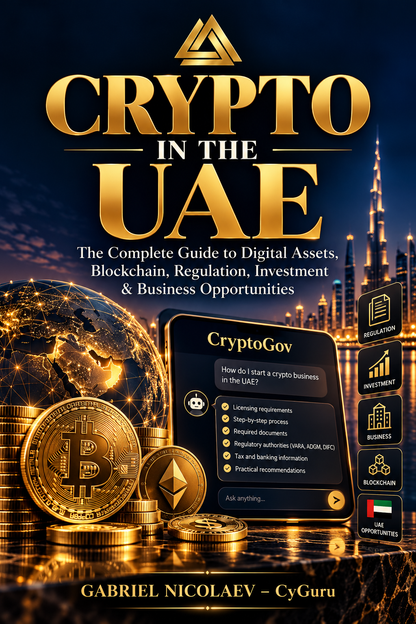 Crypto in the UAE book cover by Gabriel Nicolaev CyGuru – cryptocurrency, blockchain, digital assets, Dubai regulation and investment guide