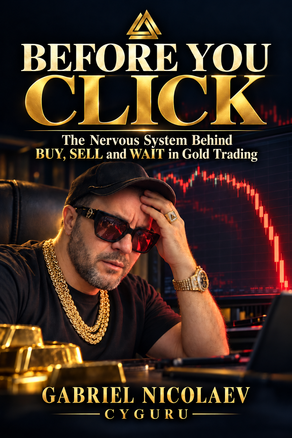 Before You Click by Gabriel Nicolaev – CyGuru, gold trading psychology book featuring the author beside a falling XAU/USD chart